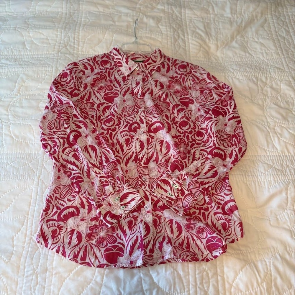Talbots Shirt Womens M Pink White Cotton Floral Tropical Long Sleeve Button Boho